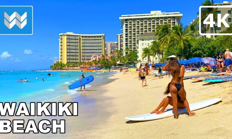 [4K] Waikiki Beach in Honolulu Hawaii 2021 Walking Tour & Travel Guide 🎧 Relaxing Ocean Waves Sounds